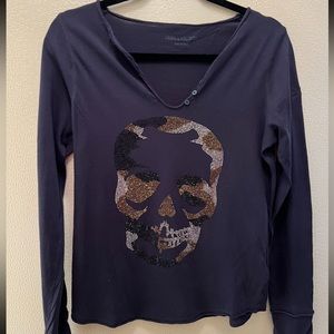 Zadig and Voltaire long sleeves dark blue shirt with studded camo skull Sz S